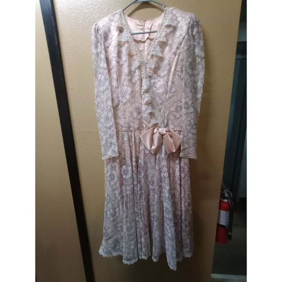 Vintage floral lace MIDI peach formal Denise wedding dress women's 12 - Picture 2 of 16